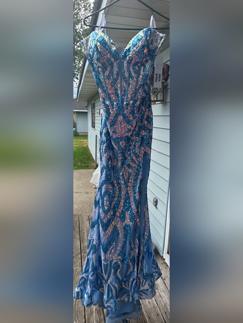 Light Blue Sequined Prom Dress - Sweetheart  Neckline And Fitted Bodice.